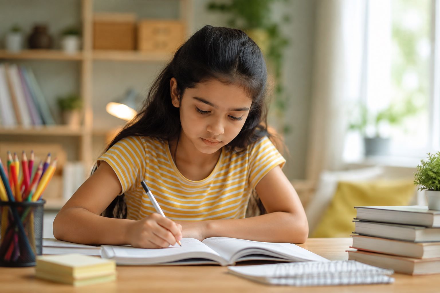 Child sitting calmly at a clutter-free desk, deeply focused and concentrating while studying