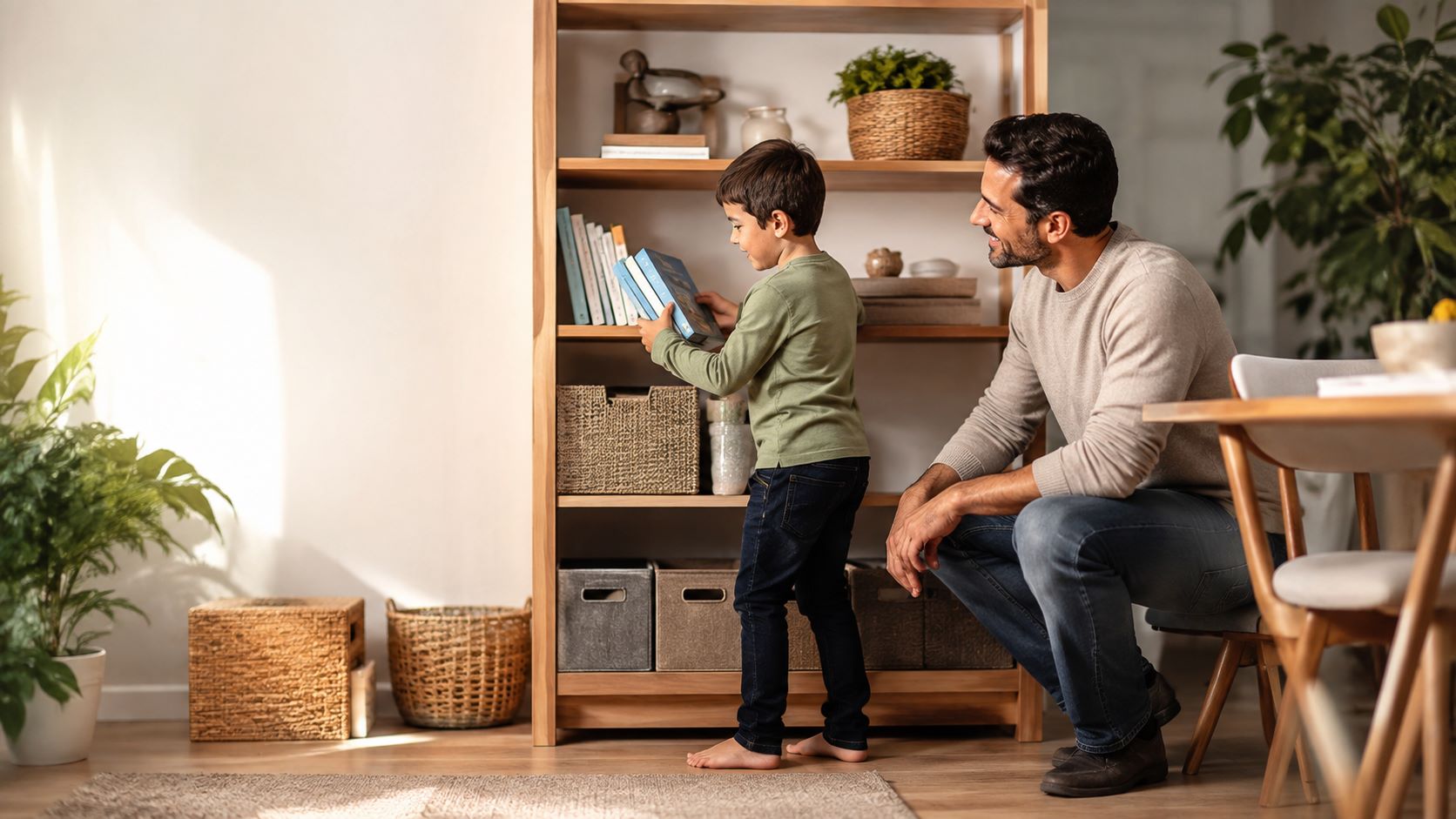 Parent guiding child through an everyday household task, teaching responsibility through positive discipline