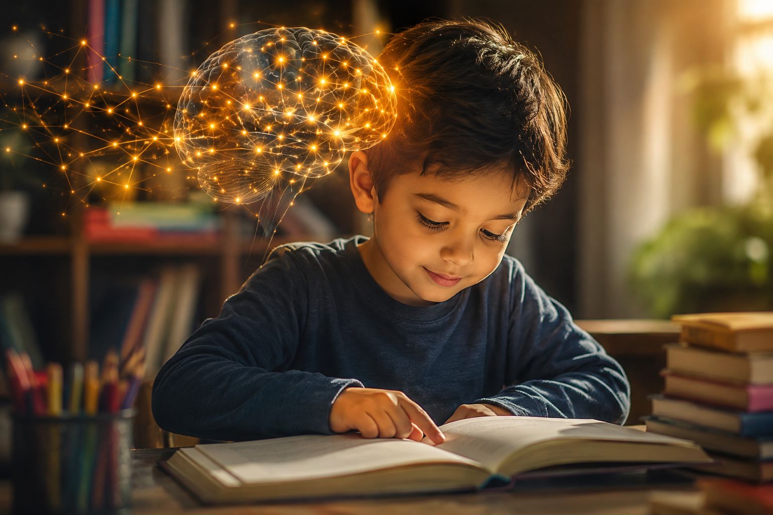 Child reading a book to strengthen brain development, memory, language skills, and cognitive growth