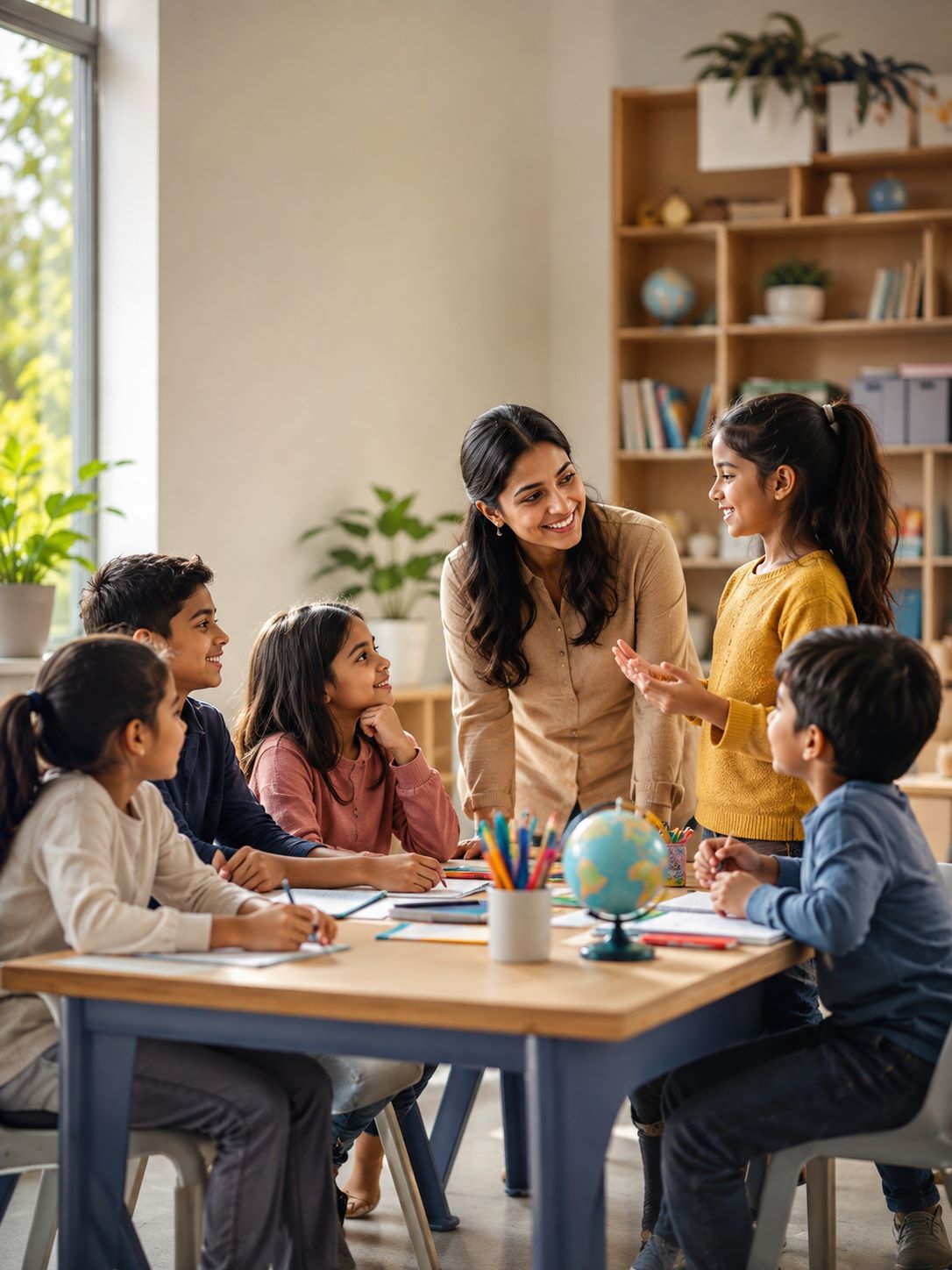 Teacher using positive discipline to build confidence, responsibility and self-control in children at Vedant International School