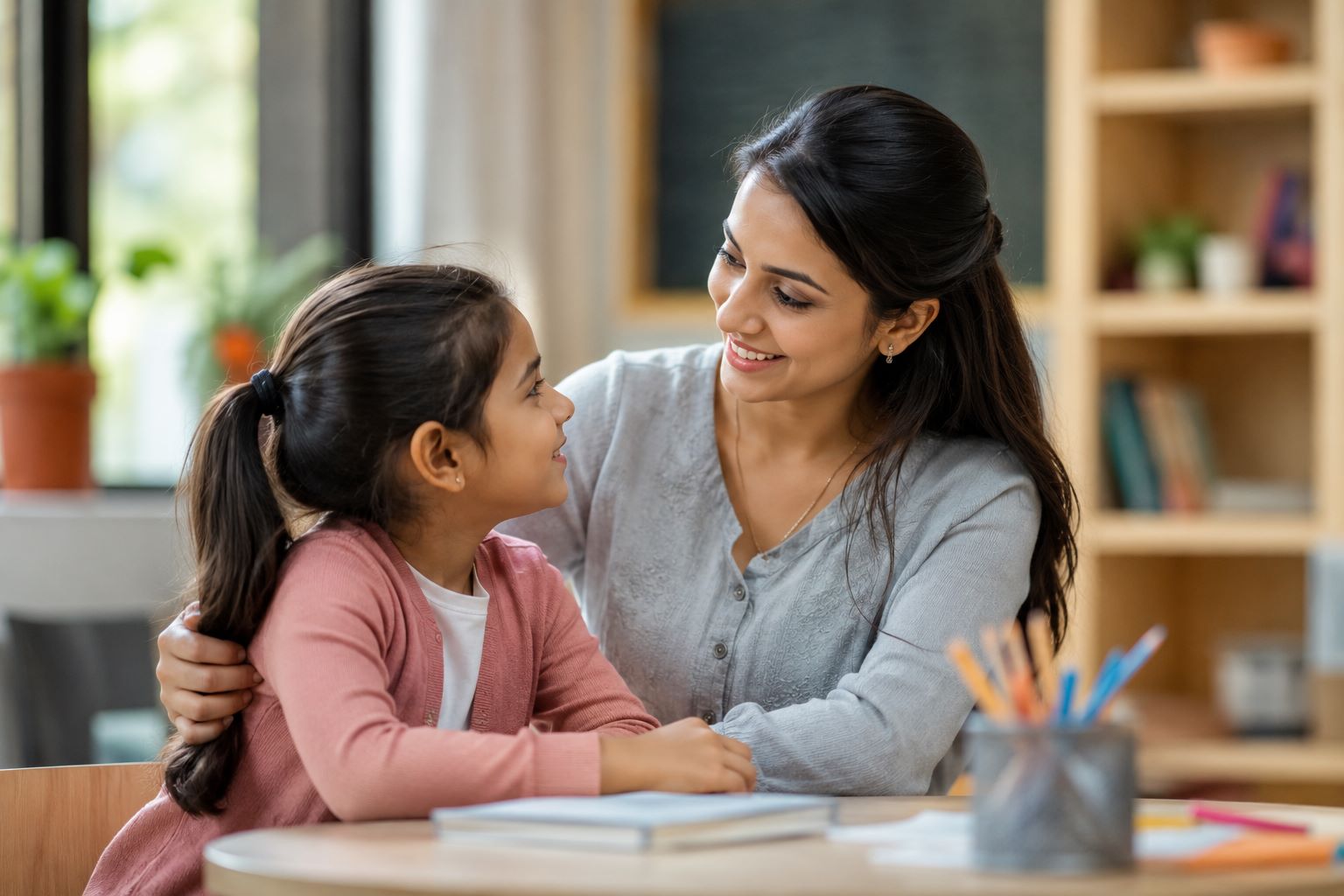 Parent connecting warmly with child before setting a boundary, building trust and positive discipline